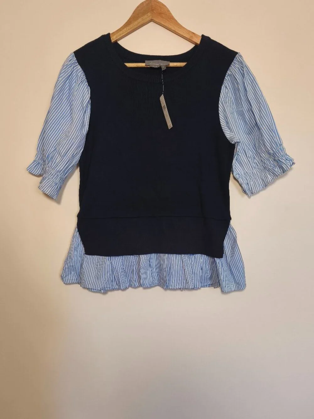 NWT Anthropologie Puff Sleeve Shirttail Sweater Vest Top sz M Navy Blue Preppy